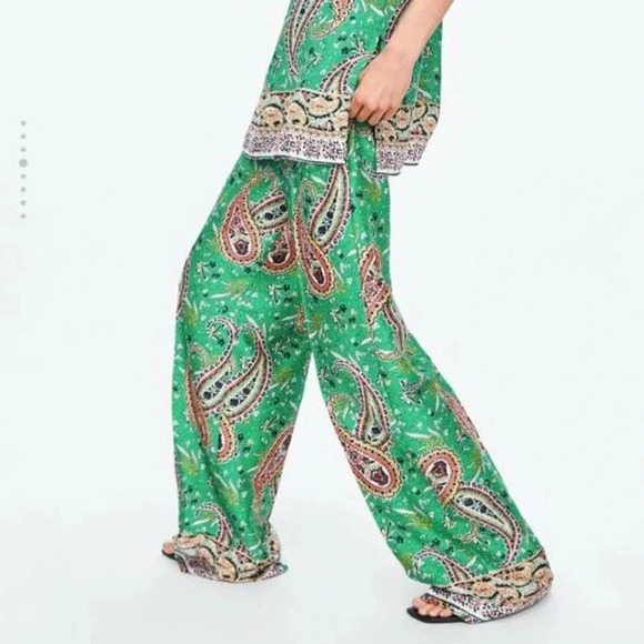 Zara High Waisted Wide Leg Bohemian Paisley Print Pants Green Multicolor Size L - Picture 2 of 13